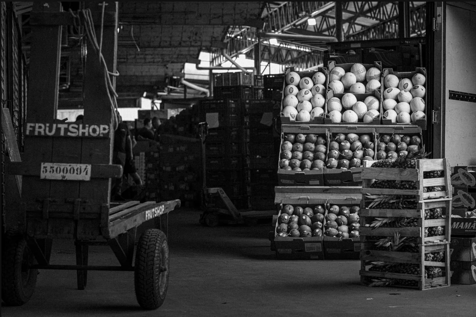 Caixas de frutas em operação de carga na central de abastecimento
